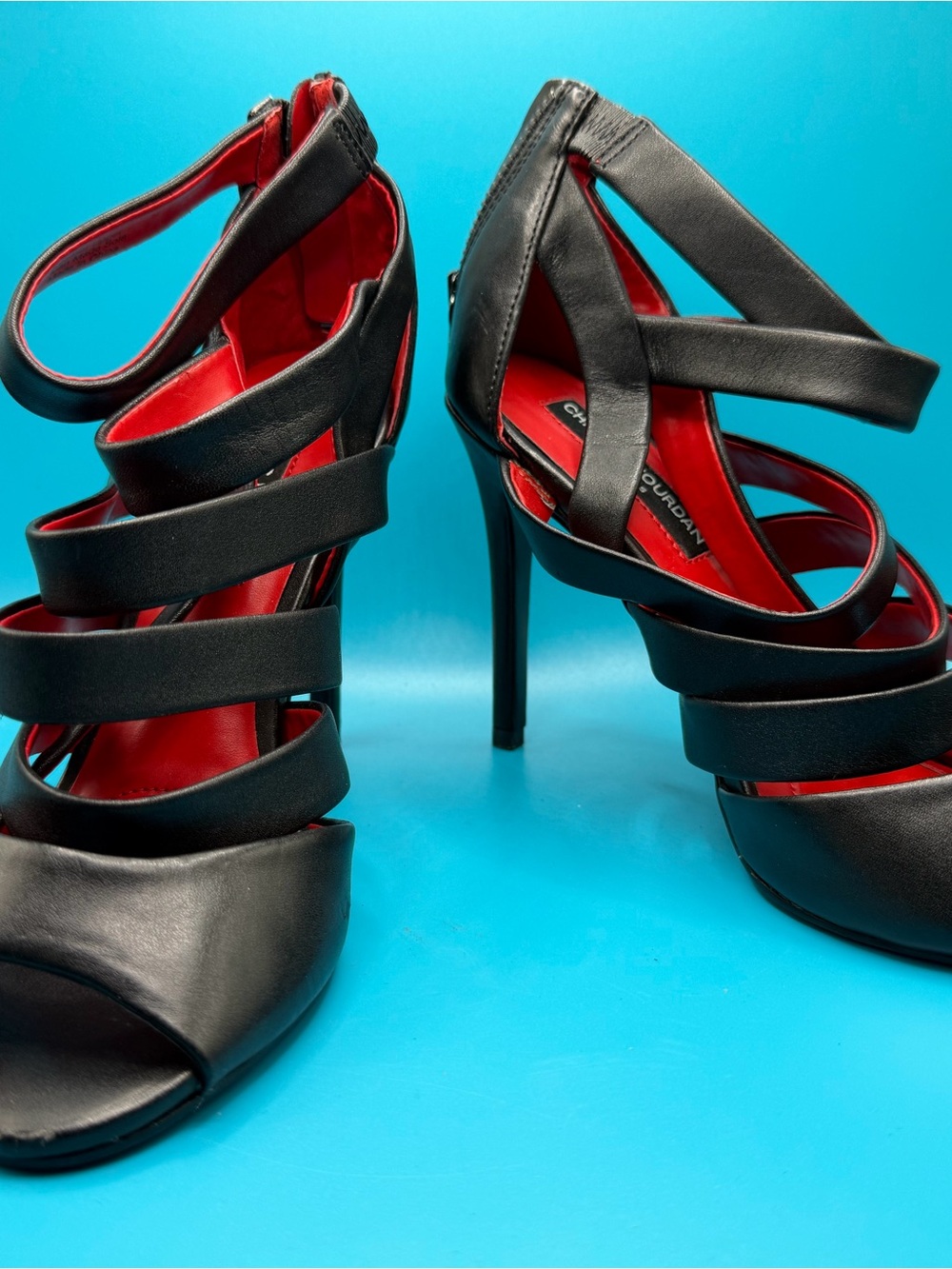 Charles Jourdan Black Strappy High-Heel Sandals with Red Interior